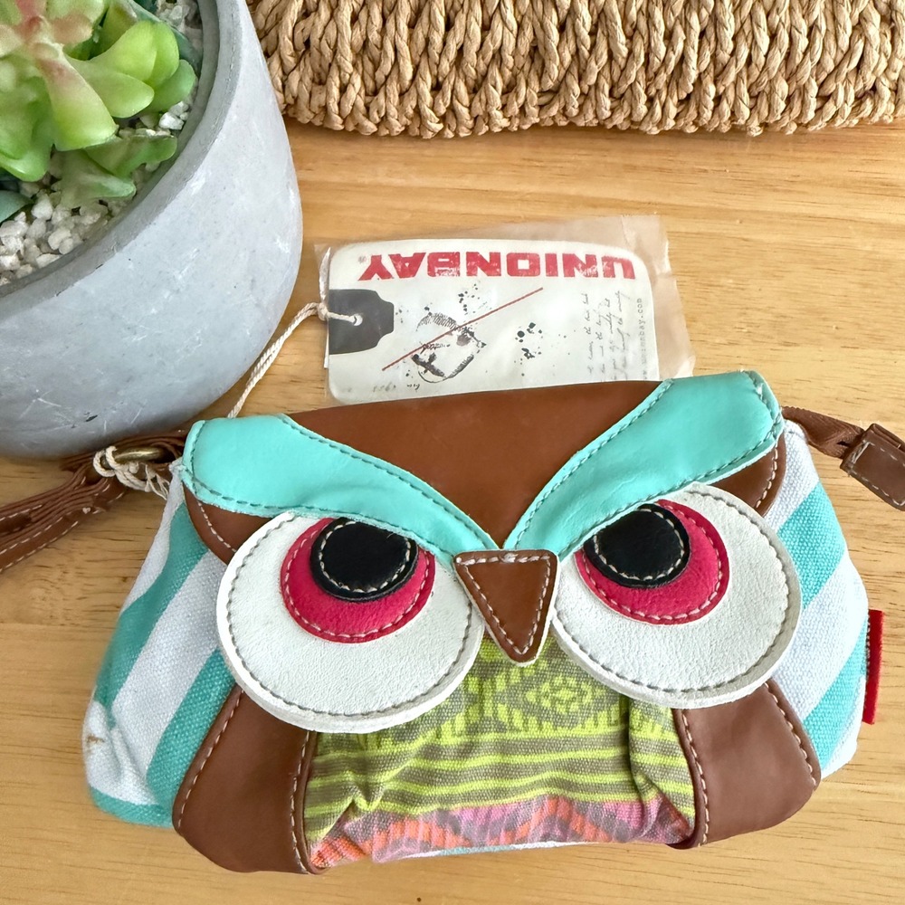 Vtg Y2K Unionbay Owl Wristlet Bag Teal White Chevron Novelty Small Pouch NWT